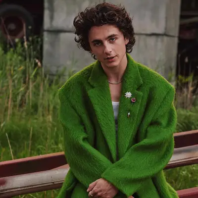 Timothee Chalamet in green coat with voluminous curled hair