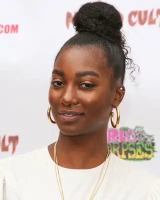Mouna Traore with a high bun and loose ringlets at the 2018 Etheria Film Night in Hollywood, California