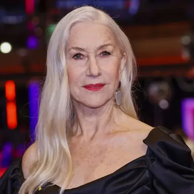 Helen Mirren with long side-parted blonde hair at the 