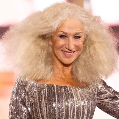 Helen Mirren with frizzy voluminous hair during the L
