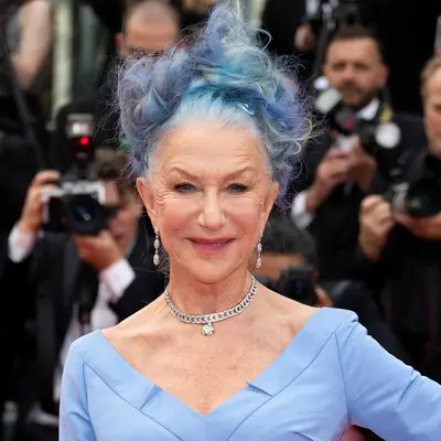 Helen Mirren with a braided, ombré blue hairdo at the 