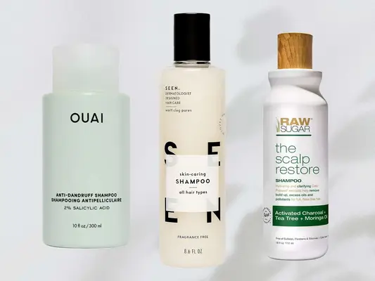 A collage of medicated shampoos for scalp acne from Ouai, Seen, and Raw Sugar on a gray background