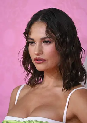 Lily James with a wet-looking lob haircut
