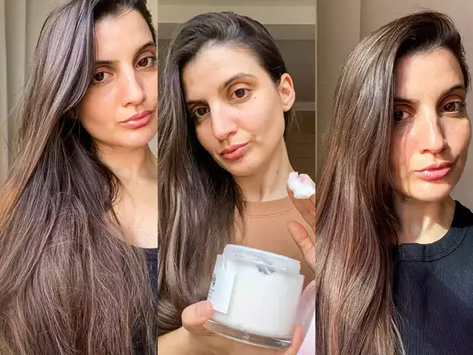 A person shown before hair mask use holding a jar of mask and after testing the hair mask