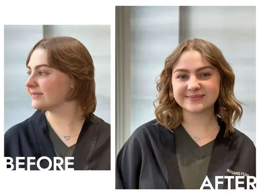 The author before (left) and after (right) her bonded hair extensions