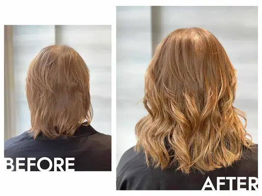The author before and after bonded hair extensions, viewed from behind