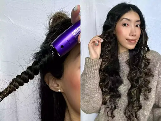 Curling wand being used on long black hair and showing results after
