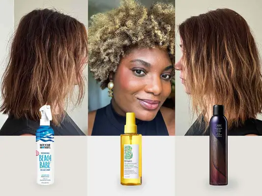 A collage of sea salt sprays being used on different testers, including Oribe Apres Beach and Wave Shine Spray