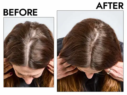 A before and after photo showing the effects of using the Color Wow Root Cover Up Powder