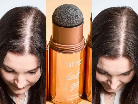 A stick of Tarte Big Ego Dab-and-Go Hair Concealer between photos of a person before and after using the Tarte Big Ego Dab-and-Go Hair Concealer