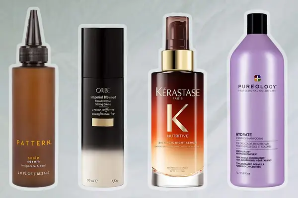 Collage of products from haircare brands Pattern, Oribe, Kérastase, and Pureology on a gray background