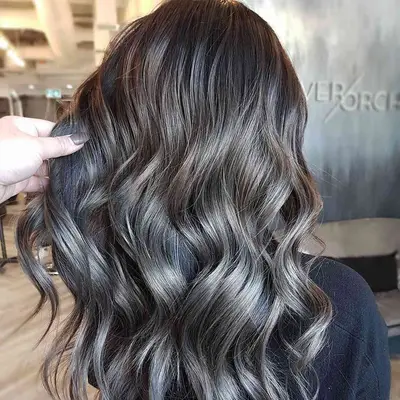 Back view of long, curled dark brown hair with silvery ash brown highlights
