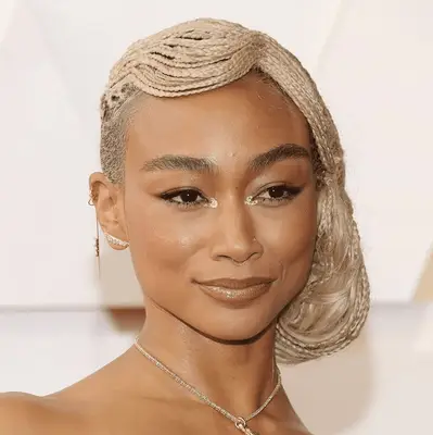 Tati Gabrielle with white blonde braids with buzzed undercut