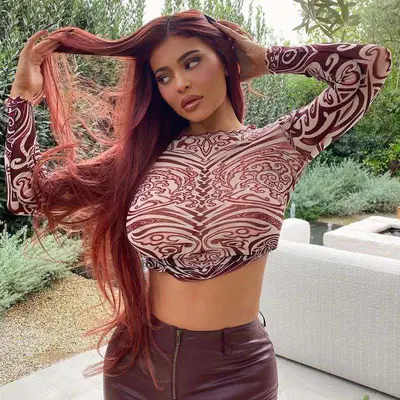 Kylie Jenner with red velvet burgundy hair