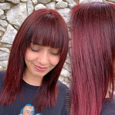Burgundy hair with bangs