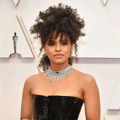 Zazie Beetz with bottleneck bangs.