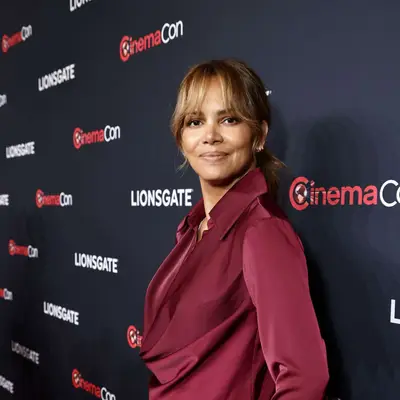 Halle Berry with bottleneck bangs.