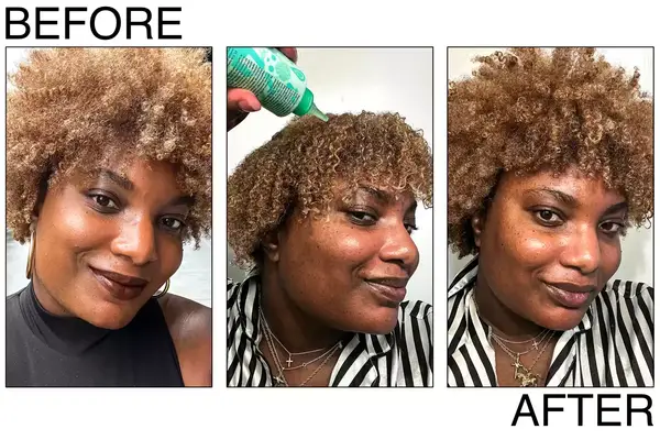 A person, before, during, and after Amika The Kure Multi-Task Repair Treatment usage