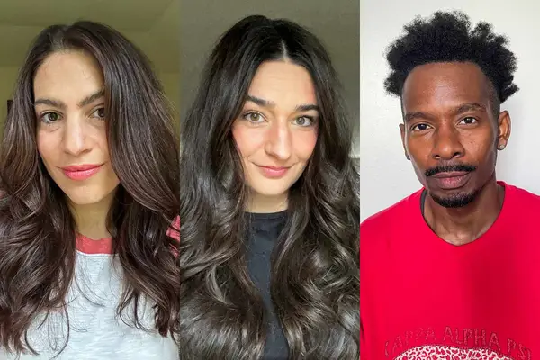 a collage of three people using the best texturizing sprays