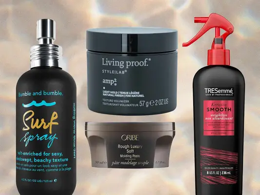 A collage of styling products for a pixie haircut on a colorful background