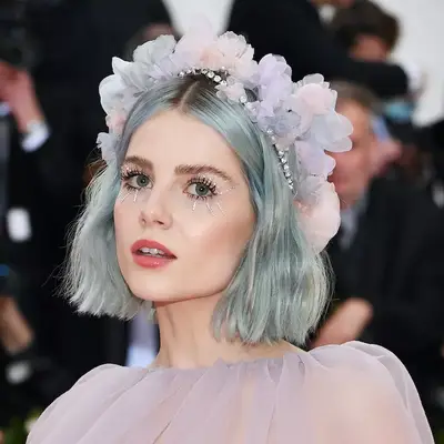 A Gray Hairstyle With Dusty Blue Highlights on Lucy Boynton