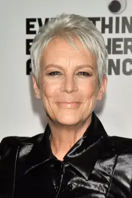 Jamie Lee Curtis with a white-gray pixie