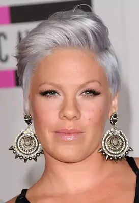 Pink with long gray pixie