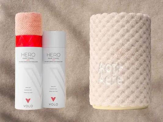 Two hair towels on a neutral background, including one by Volo and one by Act+Acre