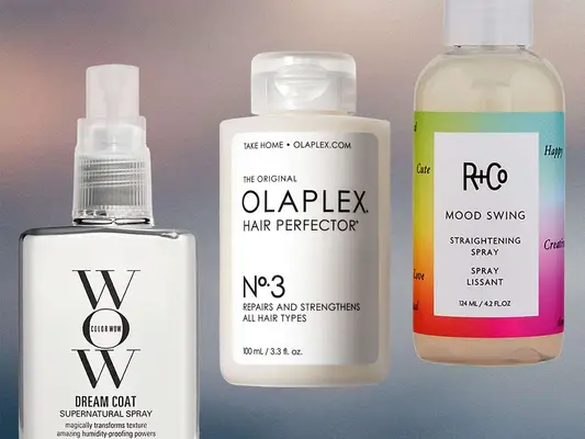 A collage of hair straightening products we recommend on a gray and pink background 