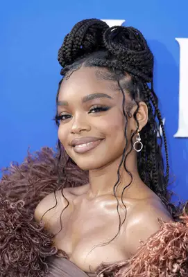 Marsai Martin with pin curled braids on top of her head