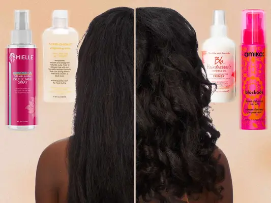 a collage of the heat protectants for natural hair next to unstyled and styled hair on an orange background, including the Amika Blockade Heat Defense Serum