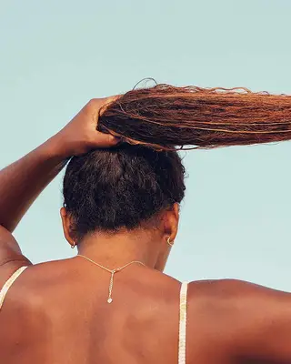 A person seen from behind, holding their long ponytail up while standing outdoors