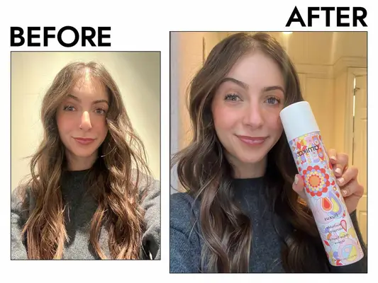 a photo of a person showing their hair before and after using Amika Fluxus Touchable Hairspray