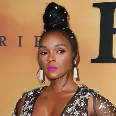 Janelle Monae wore thick rhinestones throughout her extra high bun hairstyle