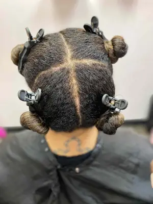 Condition and detangle the hair, then section the entire head into four quadrants. 