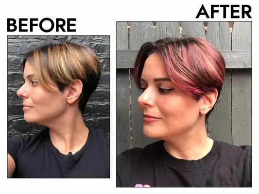 Photos of person’s profile before and after using Lime Crime Unicorn Hair Full Coverage Semi-Permanent Hair Color Dye