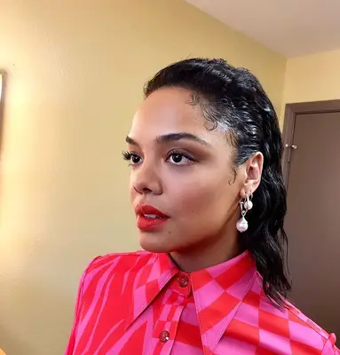 Tessa Thompson wet, slicked-back hair