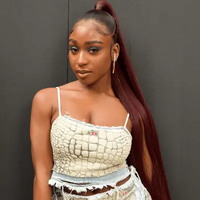 normani wearing long burgundy ponytail 