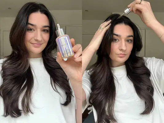 A person using and holding the COLOR WOW Youth Juice Collagen Scalp Treatment