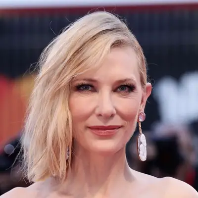 Cate Blanchett wears a long bob hairstyle in an asymmetrical style