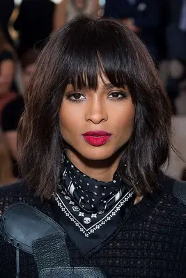 Ciara with short hair and blunt bangs at New York Fashion Week in 2015