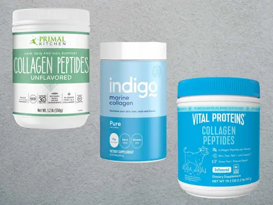 Collage of collagen supplements, including Primal Kitchen Collagen Peptides and Indigo Marine Collagen