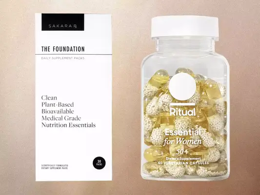 Two multivitamin products for women on a tan background, Sakara The Foundation and Ritual Essential for Women