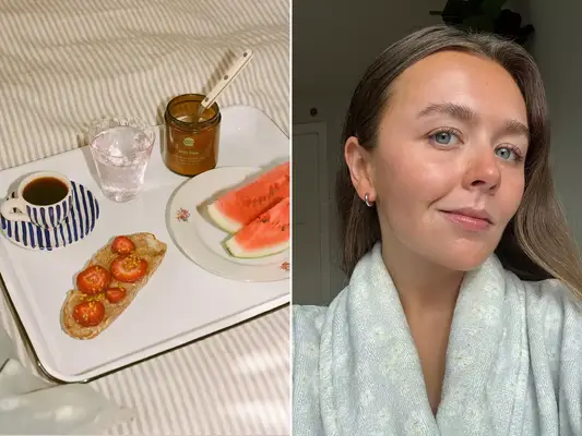 side by side collage of healthy foods and a woman with clear skin