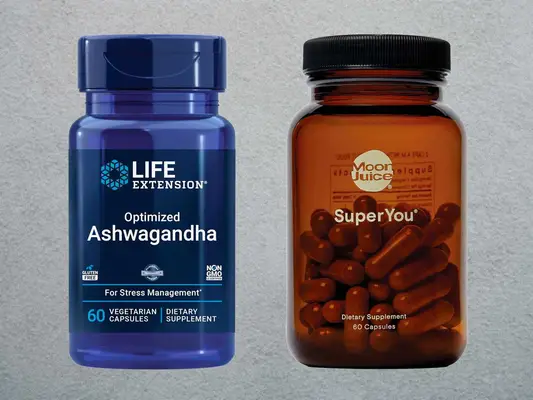 Two bottles of ashwagandha supplements we recommend, including Life Extension and Moon Juice, collaged on a gray background