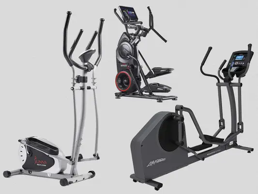 Collage of home elliptical machines from Sunny, Bowflex, and Life Fitness on a gray background