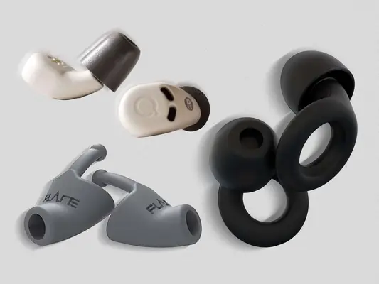 A collage of earplugs for sleeping we recommend including Loop Quiet and Flare Calmer earplugs on a neutral background
