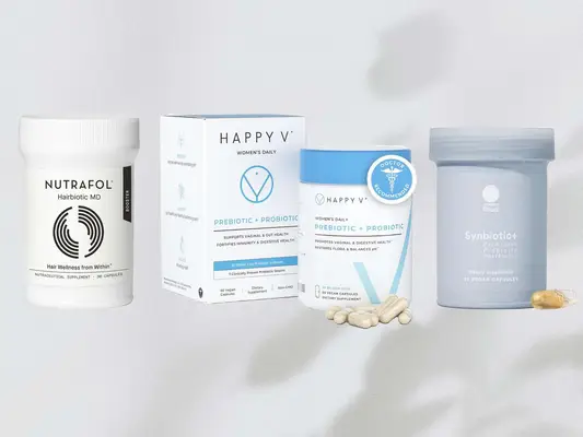 A collage of probiotics for women including Nutrafol Hairbiotic, Happy V and Ritual Synbiotic+
