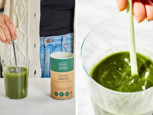 Split screen of woman stirring Your Super greens powder