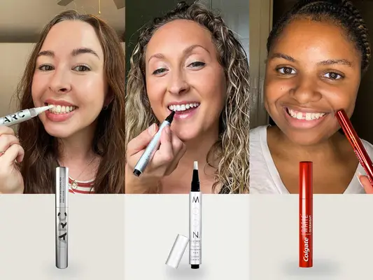 collage of people testing Teeth Whitening Pens from Arc, Moon Oral Beauty, and Colgate